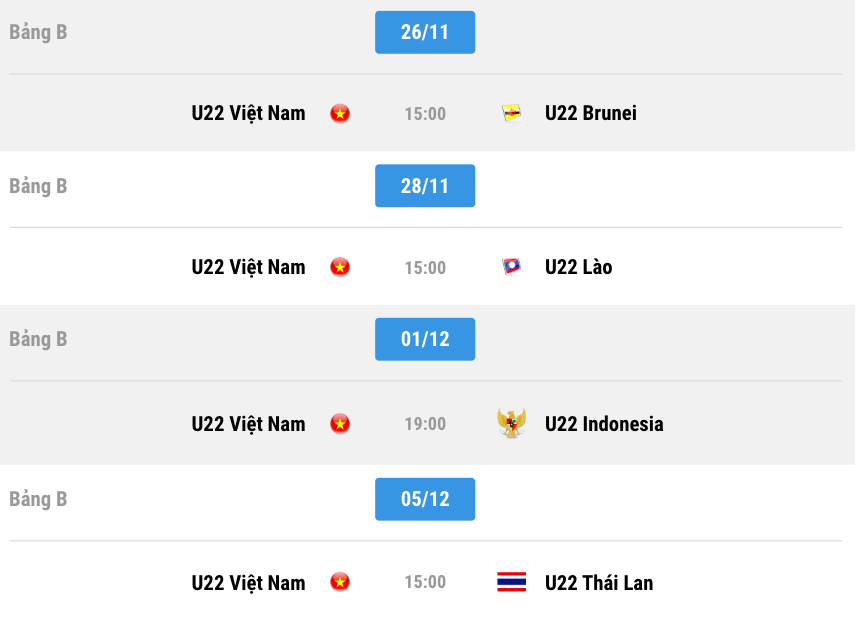 Lịch thi đấu của U22 Việt Nam tại vòng bảng SEA Games 30